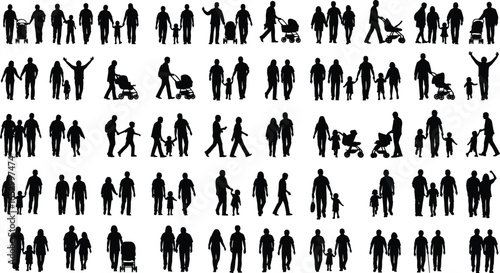 Silhouettes of adults and children in various poses including walking, holding hands, and pushing strollers, isolated for design and illustration use