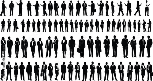 Silhouettes of business professionals in suits and dresses, standing, walking, and interacting, isolated for corporate design and presentation use