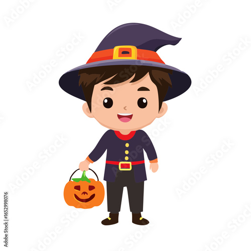 Adorable young boy in festive Halloween witch costume holding a fun pumpkin bucket for trick-or-treating.