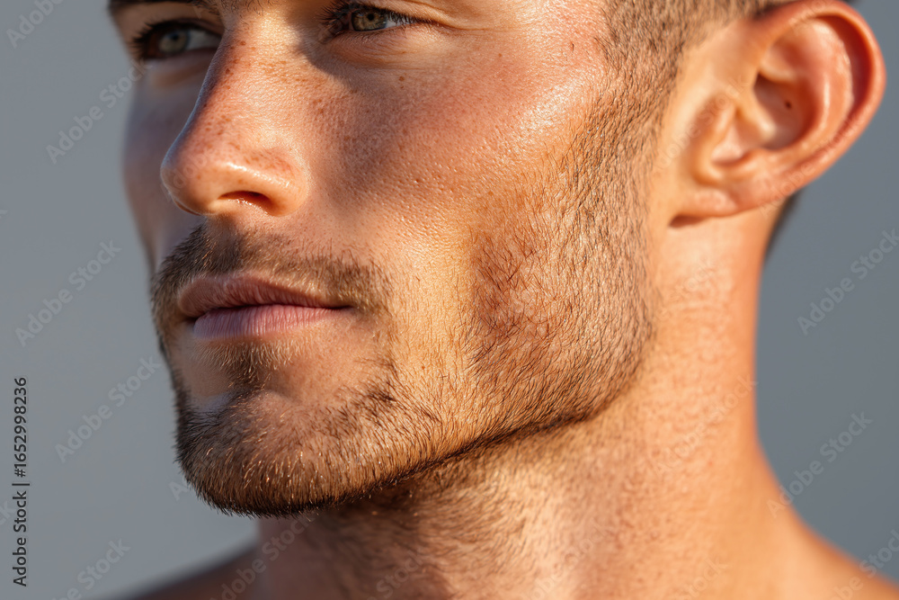 Obraz premium Close up of young male jawline and neck with light beard and freckles on skin, showing natural texture and healthy complexion in soft natural light