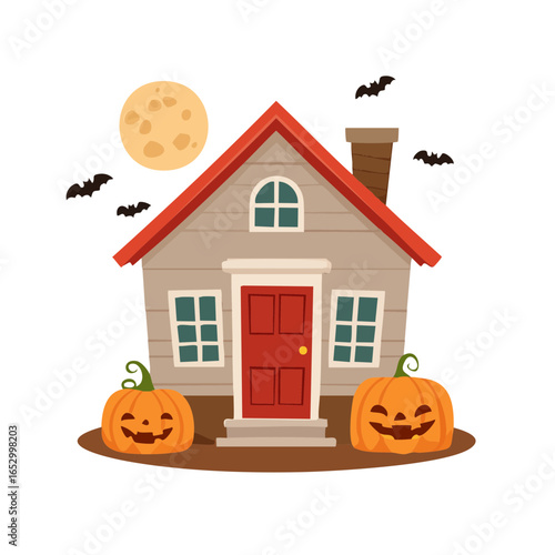 Charming Cartoon House Adorned for Halloween with Jack-o'-Lanterns and Flying Bats Under a Full Moon