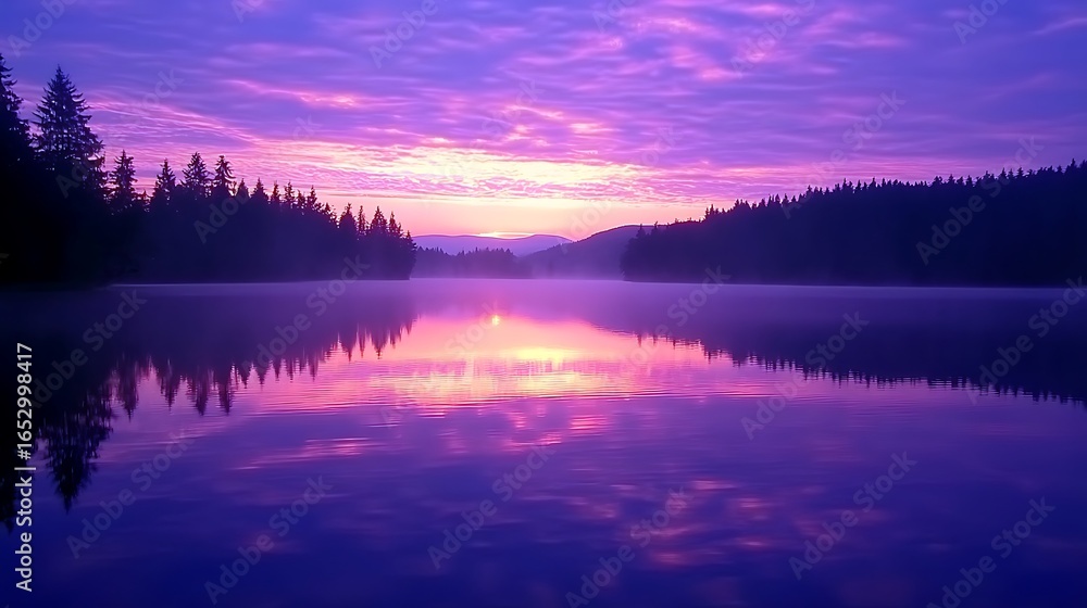 Fototapeta premium A peaceful sunrise paints the calm lake, where the still water reflects the soft colors of the morning sky.