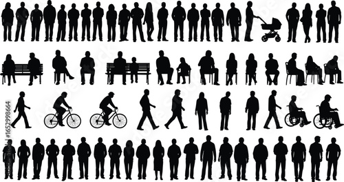 Silhouettes of people in everyday activities including walking, sitting, cycling, and using mobility aids, isolated for lifestyle and design use