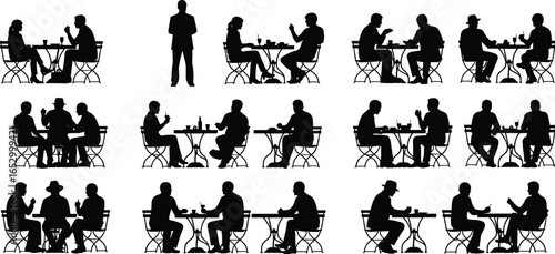 Silhouettes of people sitting at tables in café or restaurant settings, engaged in social activities like eating, drinking, and talking