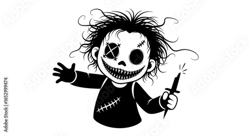 Cartoon illustration of a scary, stitched doll figure holding a dagger, with wild hair and a menacing grin.