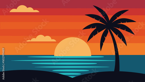 Tropical Beach Sunset With Single Palm Tree And Ocean water transparency background