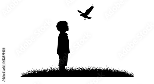Silhouette of a young boy standing in grass, looking up at a bird flying overhead.