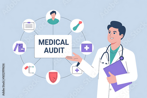 Friendly doctor presenting medical audit data with stethoscope and patient care icons for healthcare compliance and quality assurance