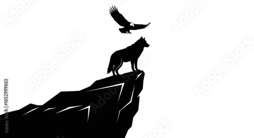 A lone wolf stands atop a rocky precipice, an eagle soars overhead, both silhouetted against a bright sky.