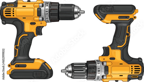 Yellow cordless power drill with keyless chuck, torque ring, and battery pack, shown in two angles for design and instructional use