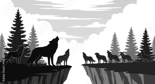 A pack of wolves howls at twilight from a clifftop, silhouetted against a dramatic landscape of pine trees and clouds.