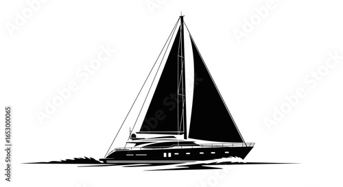 Silhouette of a sailing yacht gliding across water.