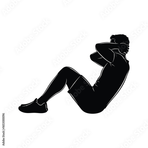 Silhouette of a man doing situps for abdominal exercise and core strength isolated on white background