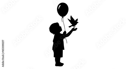 A child silhouette reaching for a bird and balloon, a simple illustration of hope and freedom.