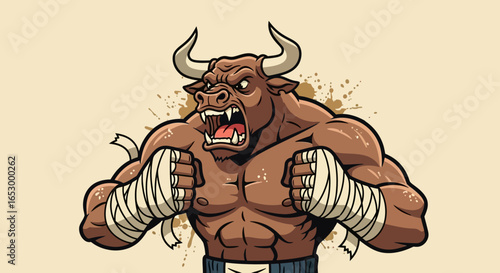 A fierce, muscular bull, a powerful boxing mascot, roars in a fighting stance, hands wrapped in bandages.