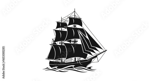 A stylized black and white illustration of a tall sailing ship navigating the ocean.