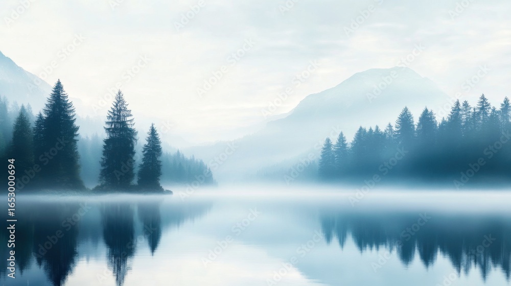 Fototapeta premium Tranquil Mountain Lake Surrounded by Misty Forest Reflections
