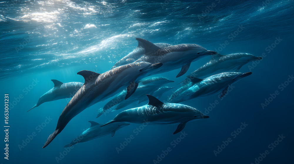 Obraz premium Pod of dolphins swimming gracefully in clear blue ocean, realistic underwater photography