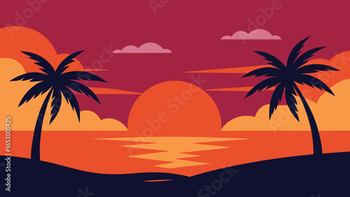 Tropical Sunset with Palm Trees and Ocean Waves Keywords: sunset, ocean, sea, waves, beach, palm trees, tropical, island, vacation, summer, twilight, dusk, evening, horizon, transparency background