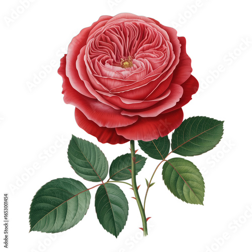 A single red rose with green leaves on a black background view