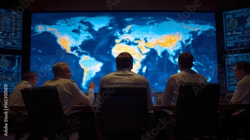 Strategists analyze a global map on a large screen in a control room. Teamwork and high-tech planning for a strategic initiative. Focused collaboration.