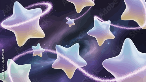A vibrant abstract Christmas background with a pattern of purple star-shaped cookies