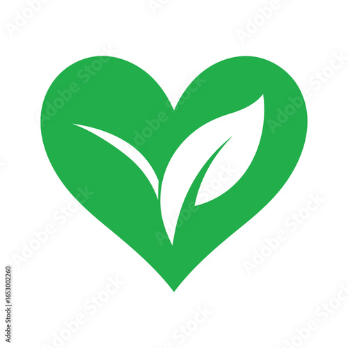 Green heart shape containing a white leaf symbol representing veganism and healthy lifestyle choices