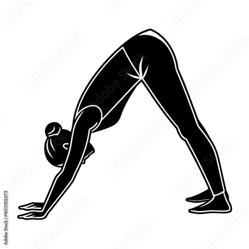 Black and white illustration of a woman in downward facing dog yoga pose adho mukha svanasana
