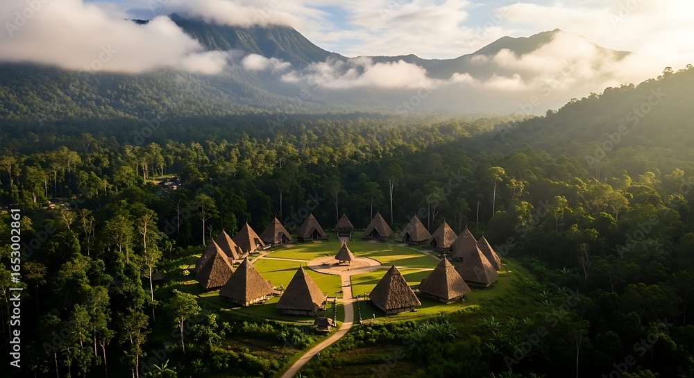 Fototapeta premium Traditional Village Nestled Amidst Lush Green Mountains and Foggy Peaks.