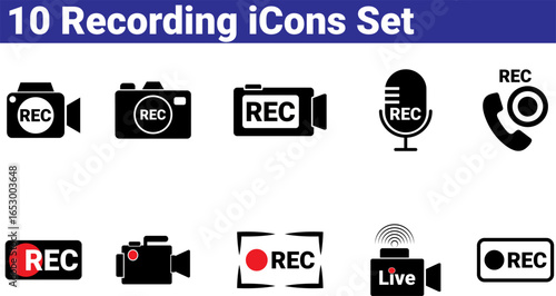 Recording Icons Set with Video Camera and Microphone Symbols