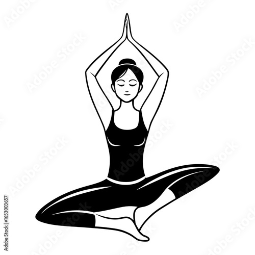 Black and white silhouette of a woman in yoga pose with hands overhead meditation vector