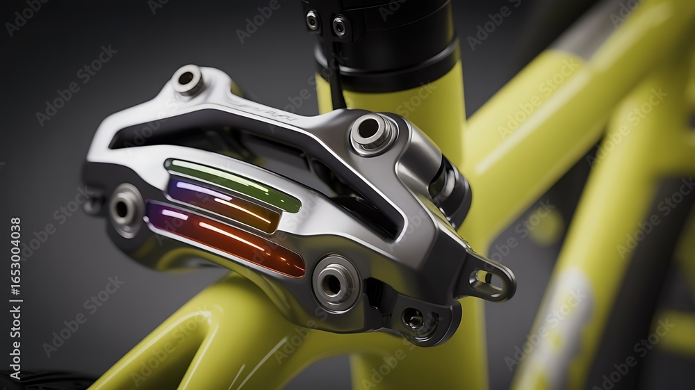 Fototapeta premium A silver bicycle brake system attached to a yellow bike frame with colorful accents inside