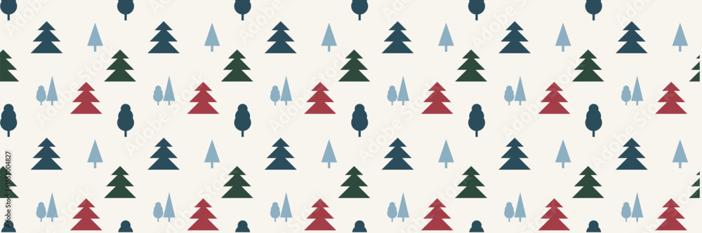 Obraz premium Festive scandinavian retro pattern with Christmas trees. Geometric seamless New Year background. Simple vector winter holiday design for wrapping paper, banners and flyers.