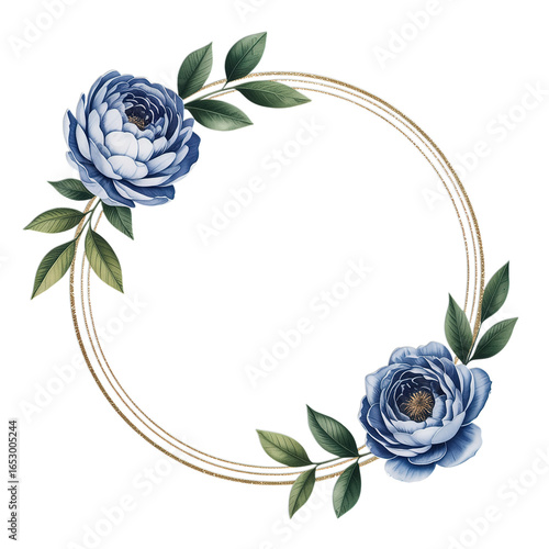 A floral frame with blue roses and green leaves on black background