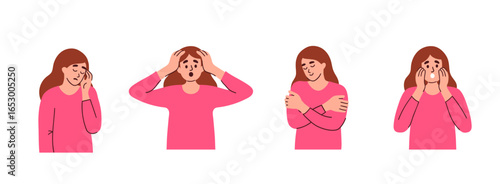 Various emotions of a young woman: fear, sadness, surprise, self-acceptance. Vector illustrations, simple flat design, doodle, hand drawn. Mental health and emotional states, well-being theme