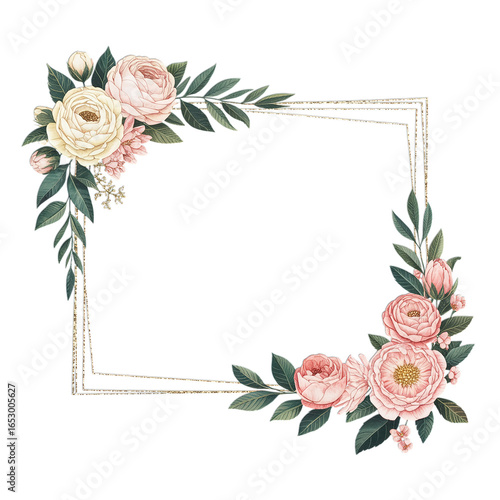 Floral frame with pink and white roses and green leaves design
