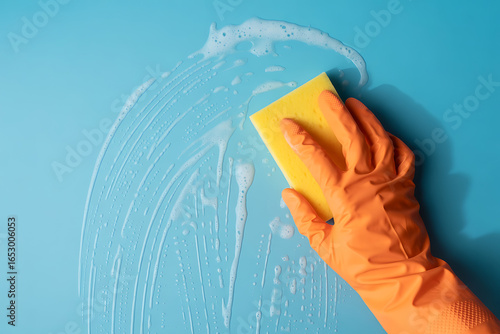 Germ fighting cleaning crew with vibrant yellow sponge and orange gloves tackling tough messes with soapy suds, clean home vibes