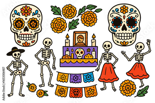 Dia de los Muertos Icon Set with Traditional Mexican Elements