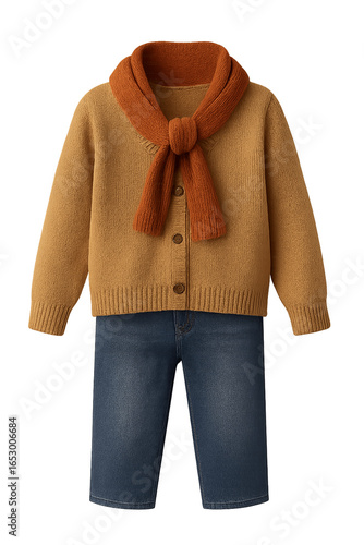 Stylish women's golden yellow cardigan sweater with knotted rust-colored scarf and jeans outfit
