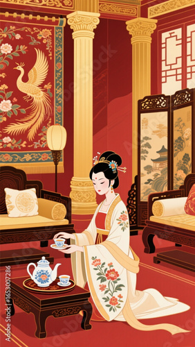 Elegant woman in traditional Chinese dress preparing tea in ornate room with red walls and golden pillars, creating a sense of serenity and timeless beauty.