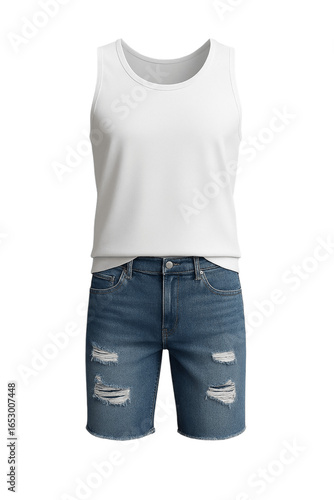Trendy Men's Summer Outfit: White Tank Top and Ripped Denim Shorts Fashion