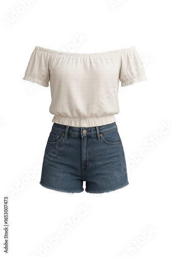 Stylish Women's Outfit: Off-the-Shoulder Top with Denim Shorts for Summer Fashion