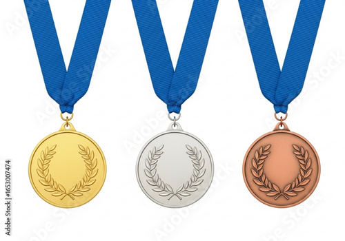 Gold, silver, and bronze medals with blue ribbons isolated on white background