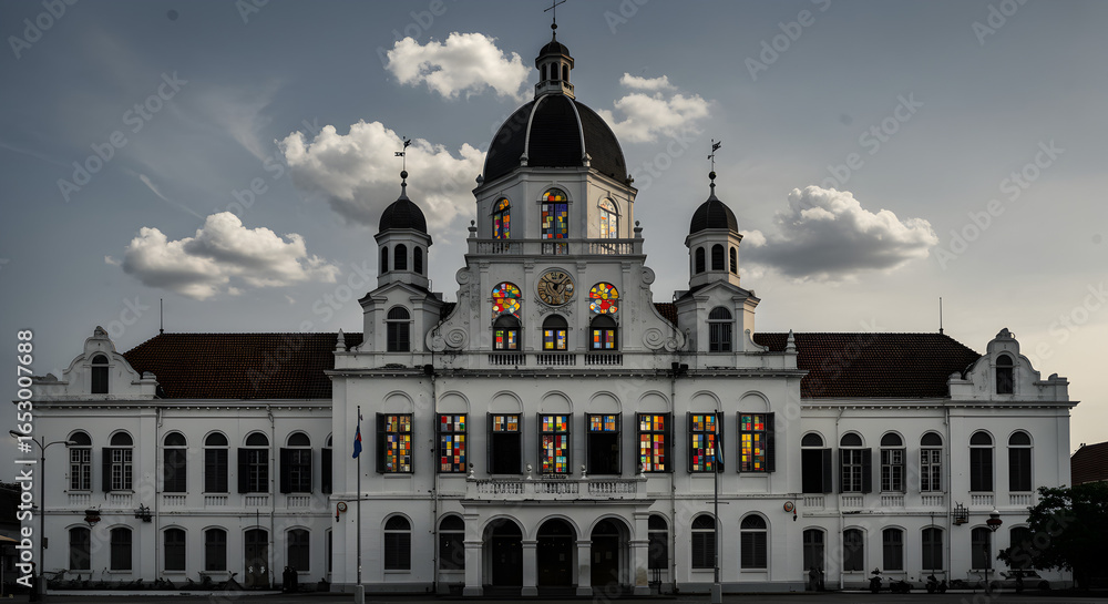 Obraz premium Historic white domed building with towers and stained glass windows