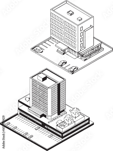 Isometric illustration of modern buildings with parking lots