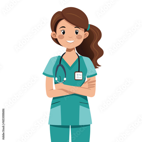 Smiling Cartoon Nurse Standing with Arms Crossed Confidently in Teal Scrubs and a Stethoscope in a Vector Art Style