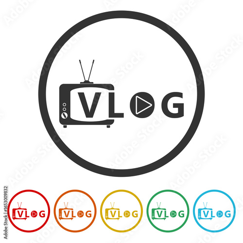 Creative logo for video vlog or channel icon. Set icons in color circle buttons