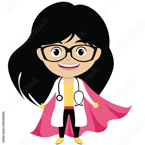 Cartoon Superhero Doctor or Nurse with Black Hair Wearing Glasses and a Pink Cape of Healing