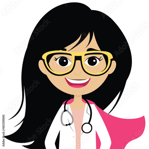 Cartoon Superhero Doctor or Nurse with Black Hair Wearing Glasses and a Pink Cape of Healing