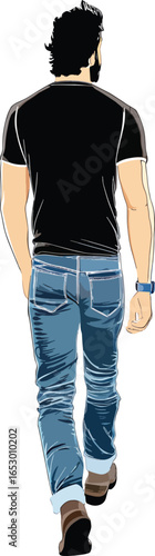 Back View of Man Walking in T-shirt and Jeans